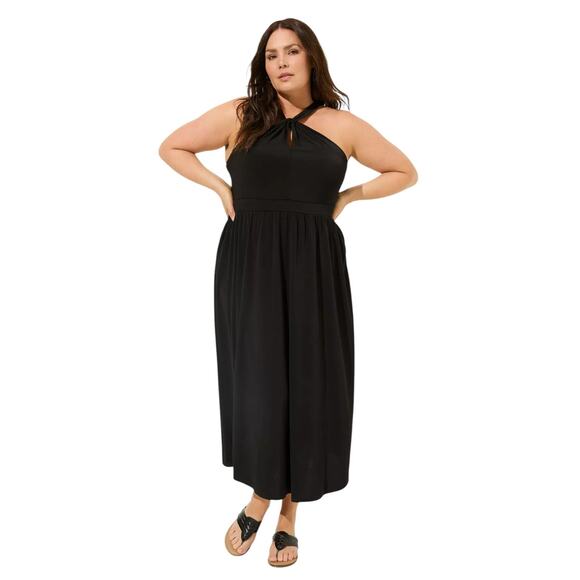 Torrid Deep Black Tea Length Studio Knit Halter Dress Women's Size 12 Large New - Picture 2 of 12